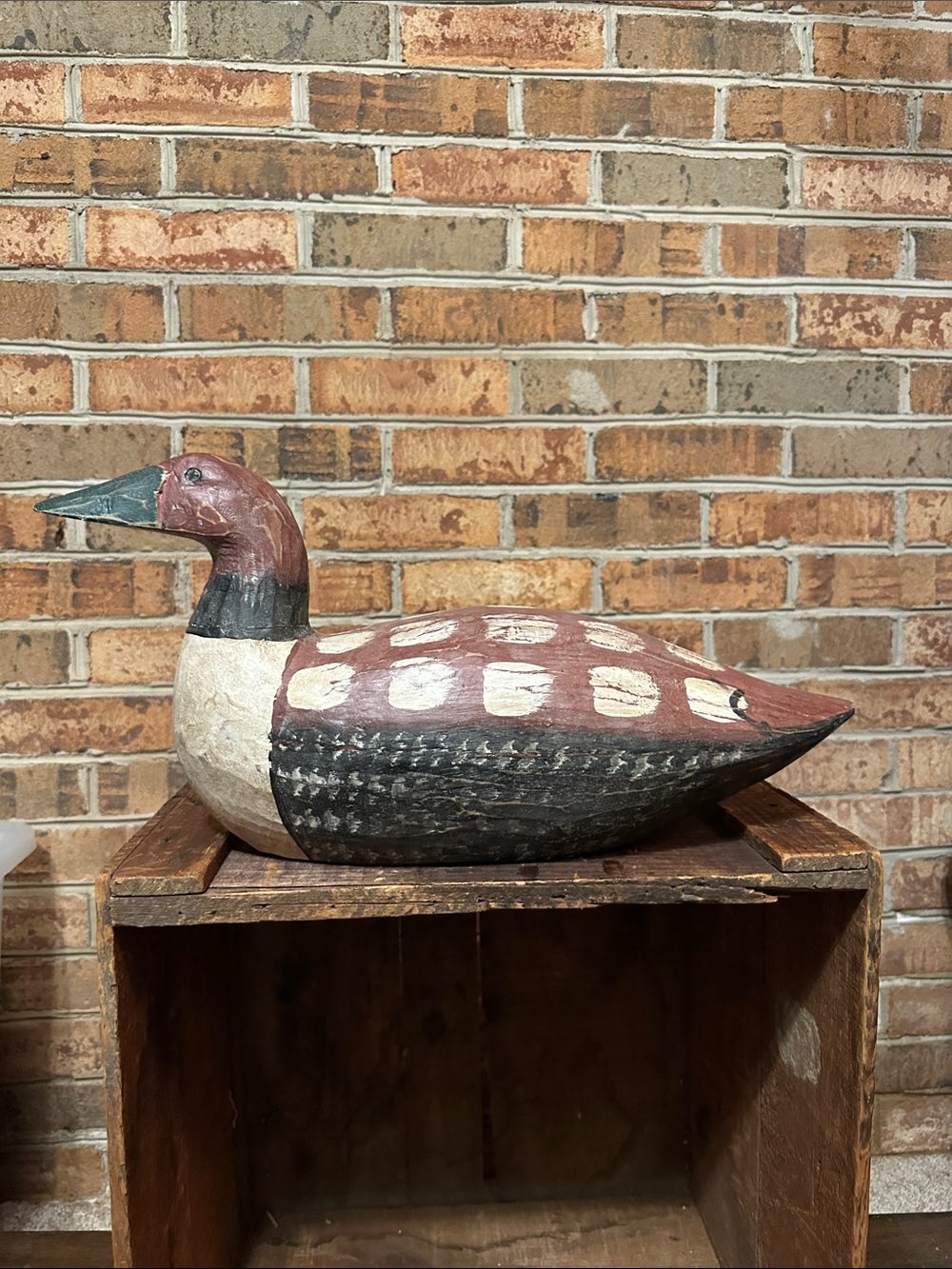 1x Wood Folk Art Duck Decoy LG Loon Looking Burgundy Black 19" long x 9.5" tall